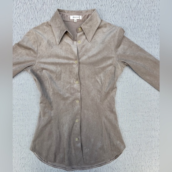 Babaton Aritzia Button Down Suede Taupe Tapered Shirt - Picture 3 of 9